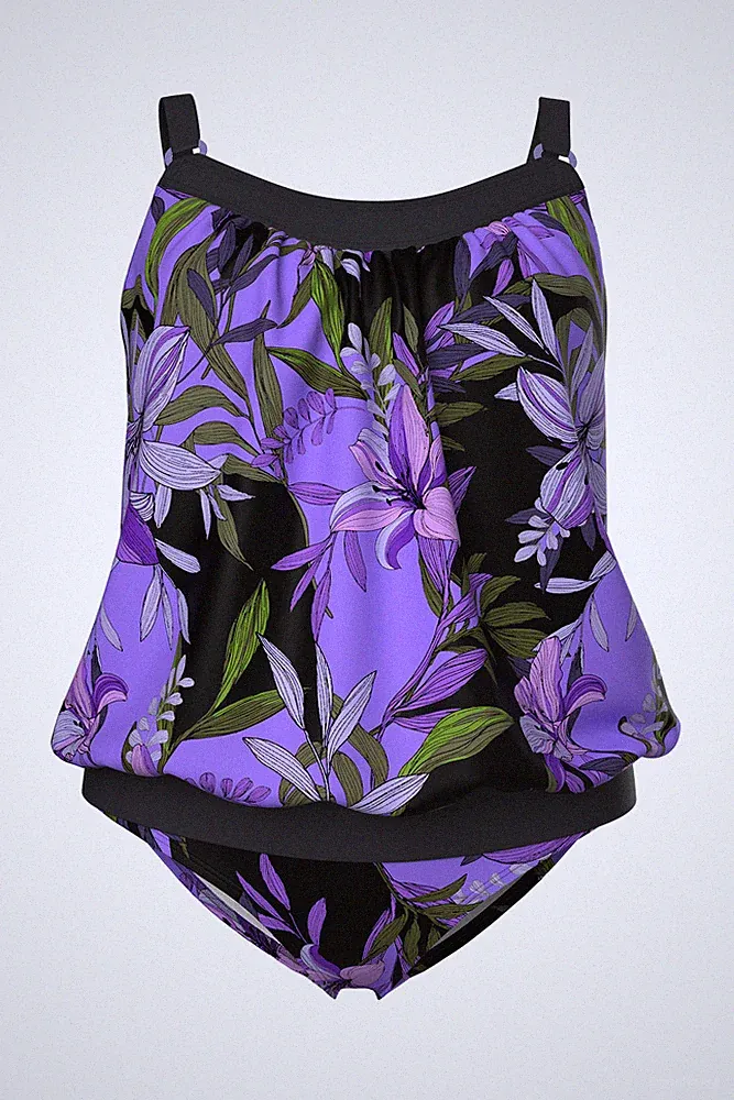 Ulla Popken Damen große Größen Tankini Lilien Softcups Elastiksaum