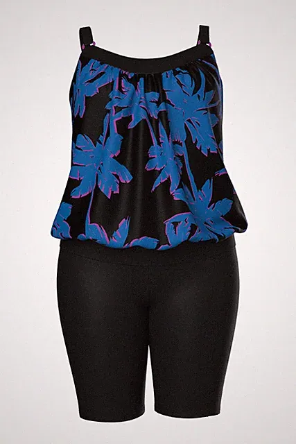 Ulla Popken Damen große Größen Tankini mit Shorts Palmen Softcups