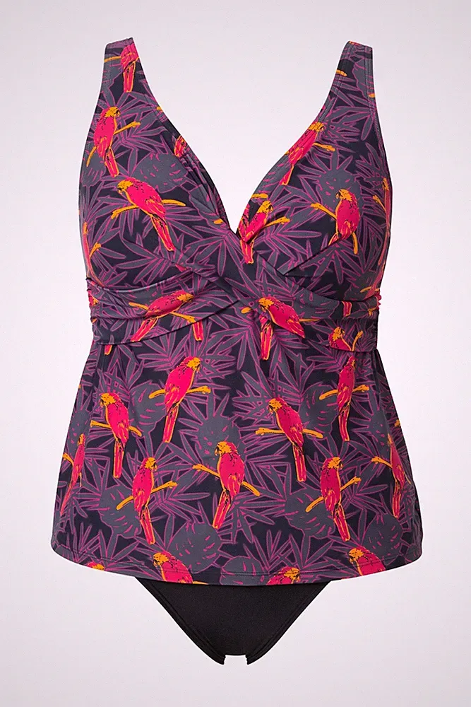 Ulla Popken Damen große Größen Tankini Papageien Softcups Zierschleife