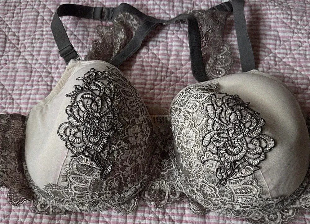 Ulla Popken Damen T-Shirt-BH 110C Übergröße mit Bügel Spitze Blumen grau creme