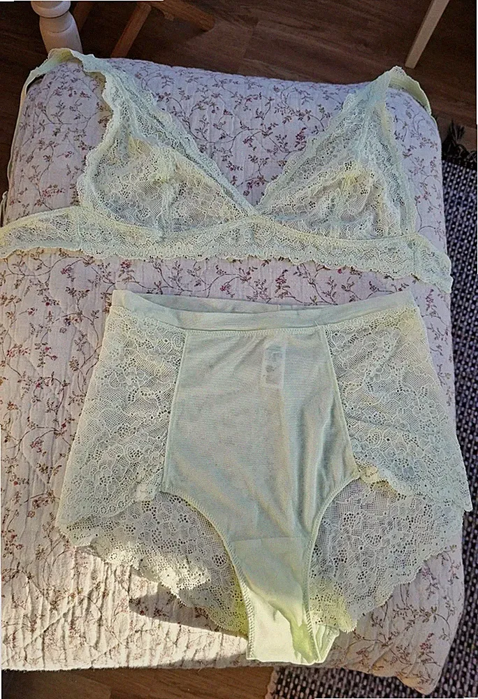 Unterwäsche Set MONKI Gr. S/M Hellgelb Spitze Panty Triangel BH Vintage Boudoir