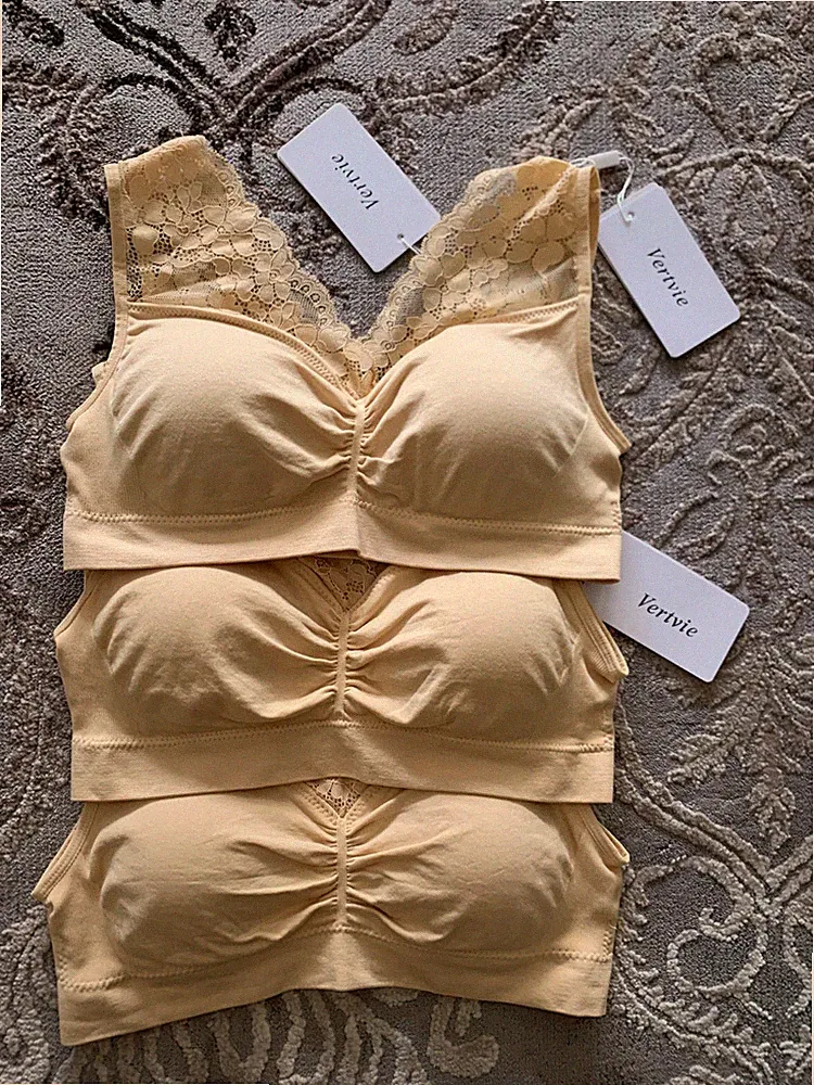 Vertvie Damen Bustier, Sport BH, mit Spitze, 3er Set, Gr M, haut, beige, neu
