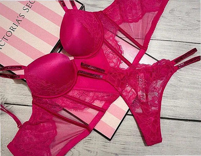 Victoria's Secret Doppel Glanz Band Push-Up Korsett String Höschen Set Rosa