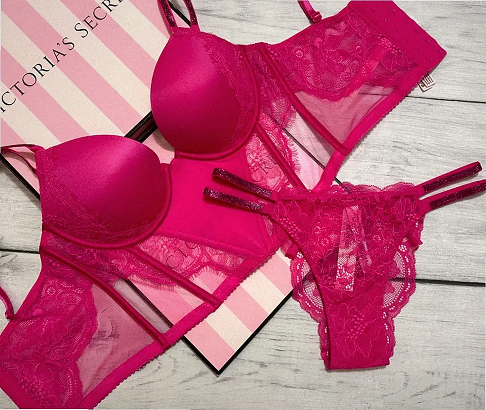 Victoria's Secret Double Shine Push-Up Longline BH Set Pink 32B Spitze mit Bügel