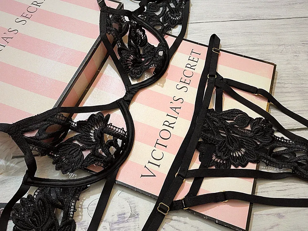 Victoria's Secret Riemchen Bestickt Offen Tasse Plunge Bh Set Schwarz