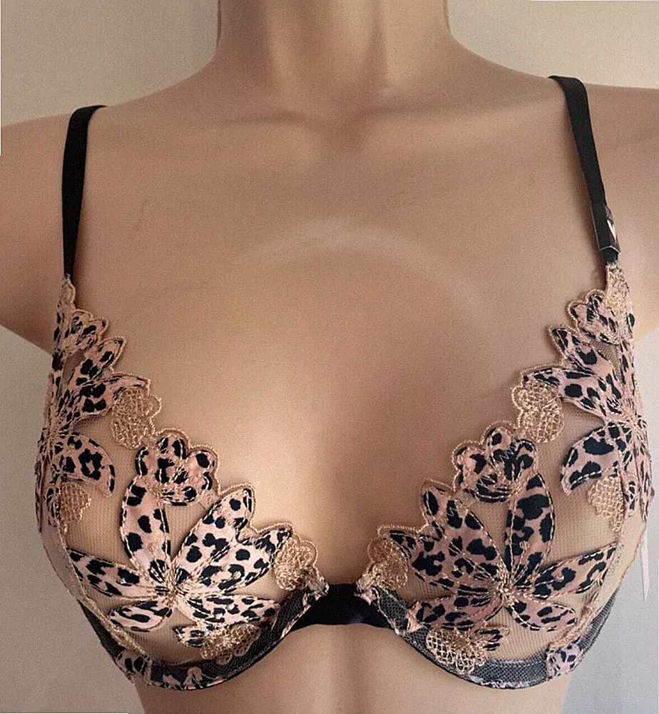 Victoria's Secret Schwarz Nude Animal Print Transparent Spitze Tief geschnitten Knochen BH 32D 59 £