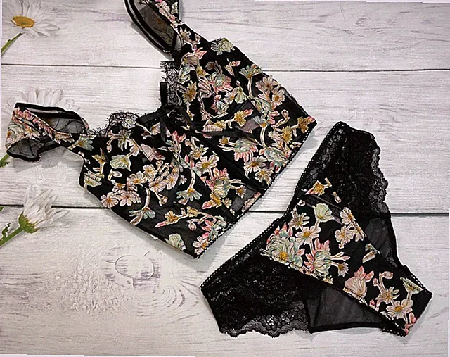 Victoria's Secret Tiktok Schwarzes Florales BH-Top Bustier Korsett Cheekini Set