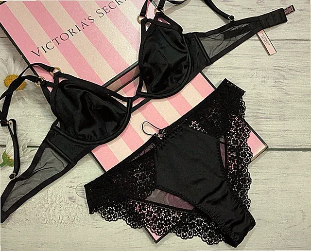 Victoria's Secret Very Sexy Satin Ungepolstert Plunge BH-Set mit Spitze Schwarz