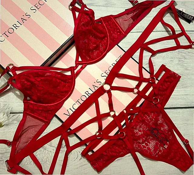 Victoria's Secret Very Sexy Schlangen-Spitzen Plunge BH Set 3-teilig Rot