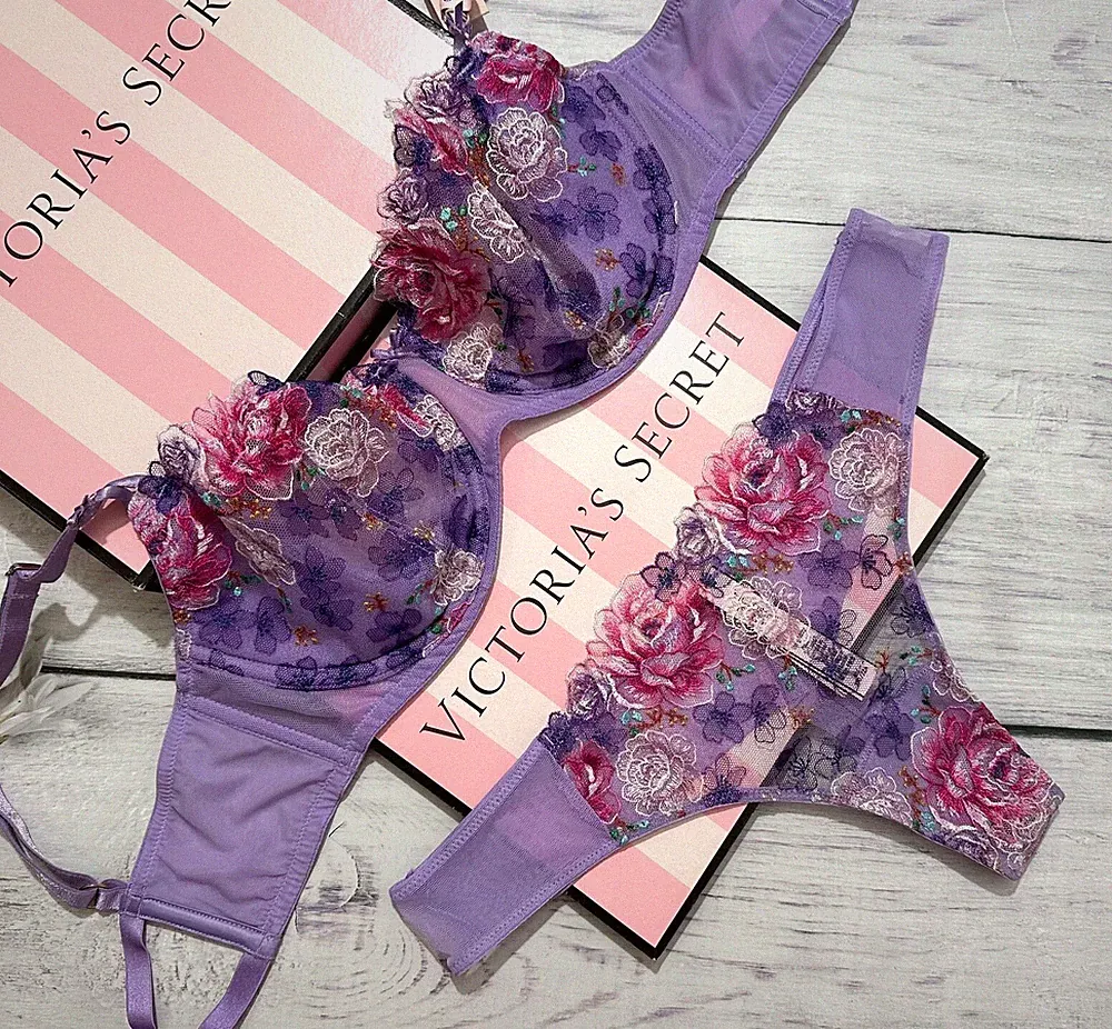 Victoria's Secret Wicked Ungefütterter Balconette-BH Thong-Set Floral Lila