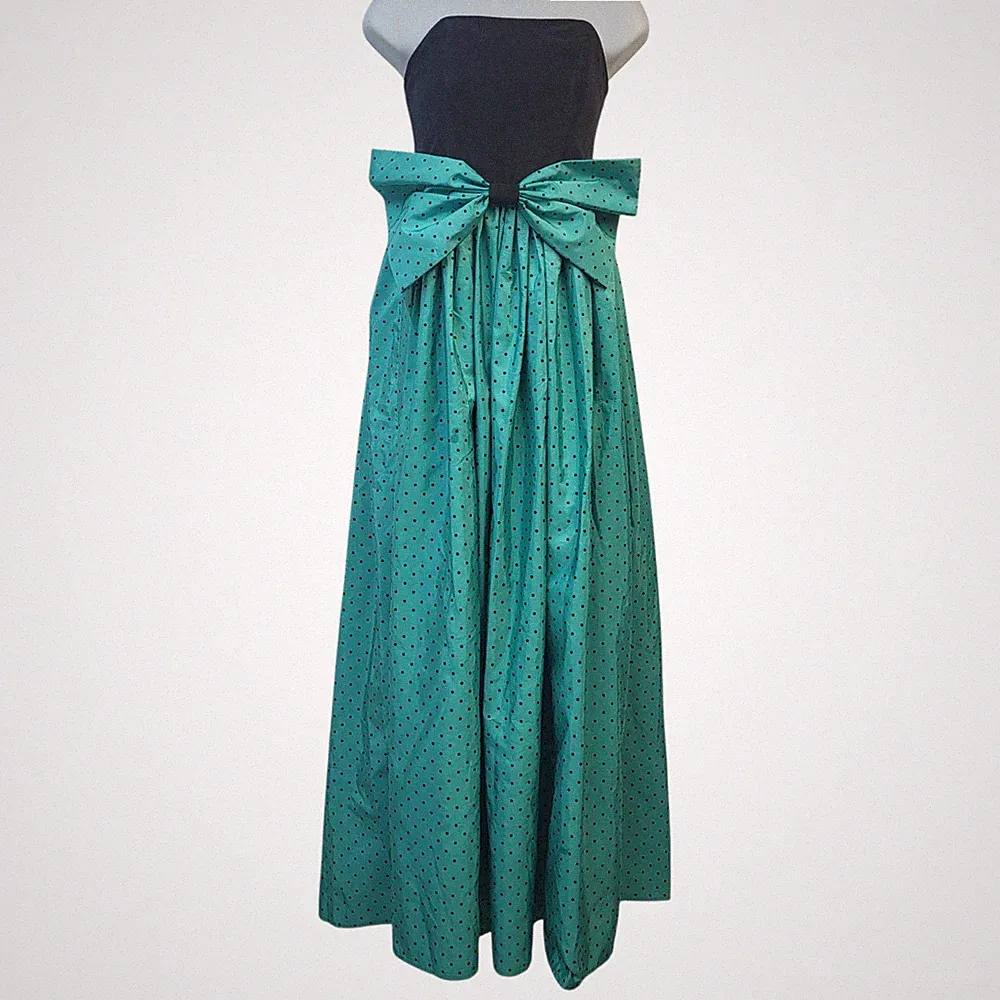 Vintage Abendkleid 80er 90er grün schwarz gepunktet Bandeau Größe 12