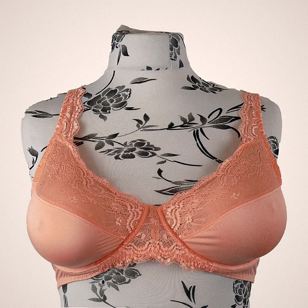 Vollschalen-BH 90D/E Lachs /weiß ungepolstert Bügel Spitze Neu Dessous