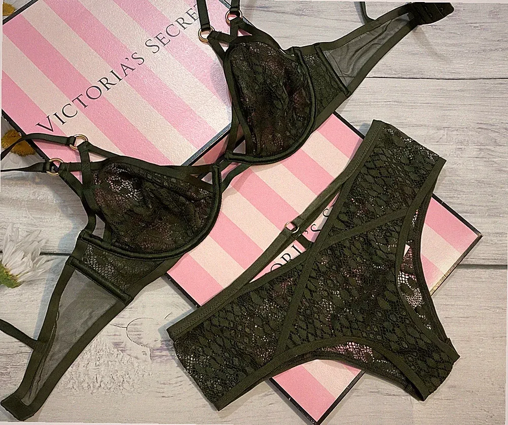 VS Sehr Sexy Strappy Ring Snake Lace Plunge BH Set Unlined Forest Night Cheeky