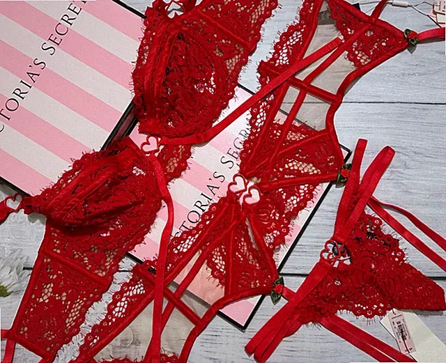 VS Von FOR LOVE & LEMONS Rose Spitzen Herz Bügel BH Strumpfhalter Tanga Set
