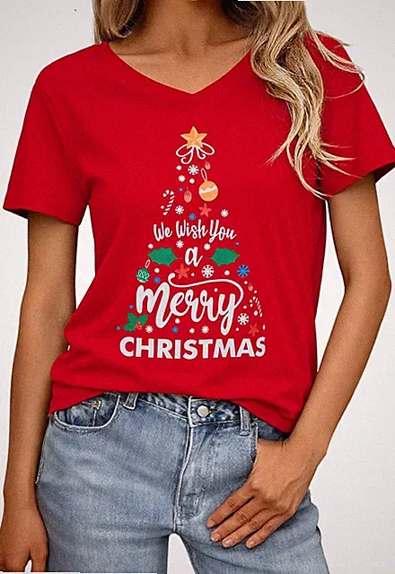 Weihnachtsshirt Damen Kurzarm Weihnachts Tshirt mit V-Ausschnitt