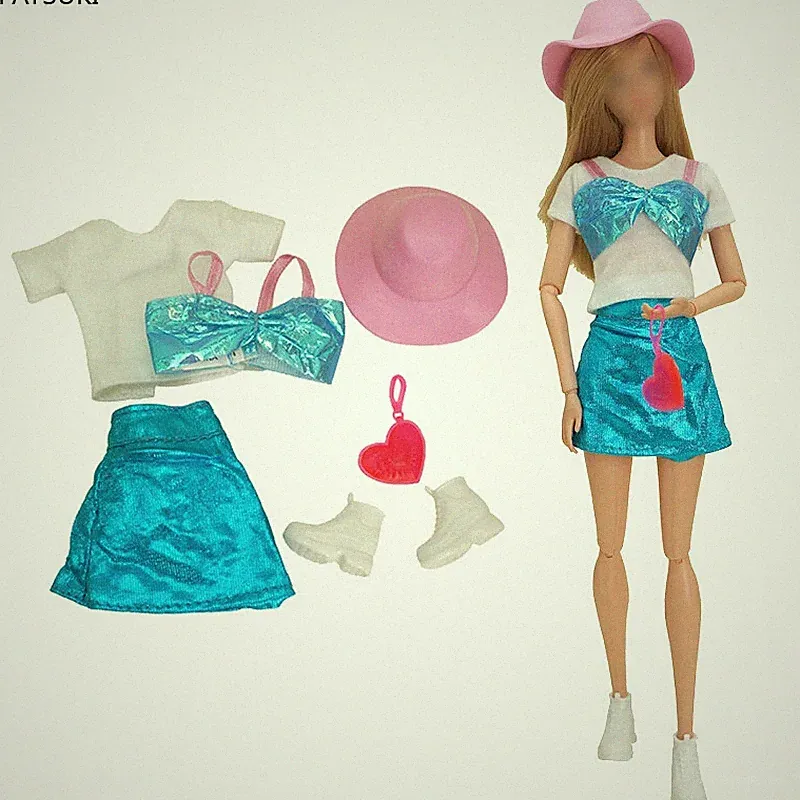 Weiß Blau Kleidung Set für Barbie Puppe T-Shirt BH Rock Tasche Hut Schuhe Outfit