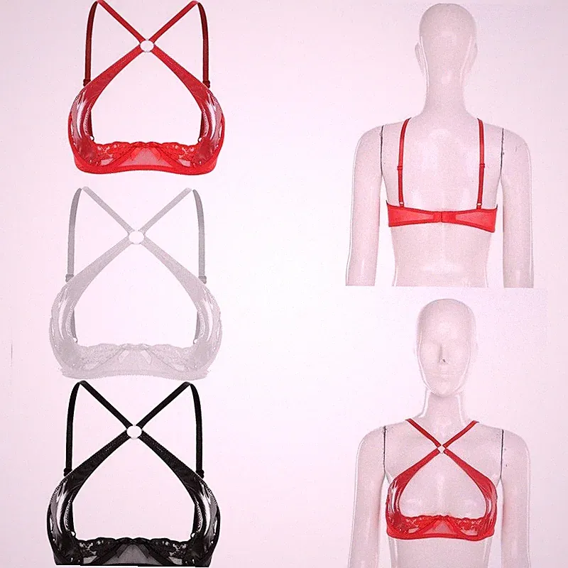 Wetlook Damen Push up BH Bra Sexy Bikini Lack Leder Oberteile Bustier Bralette