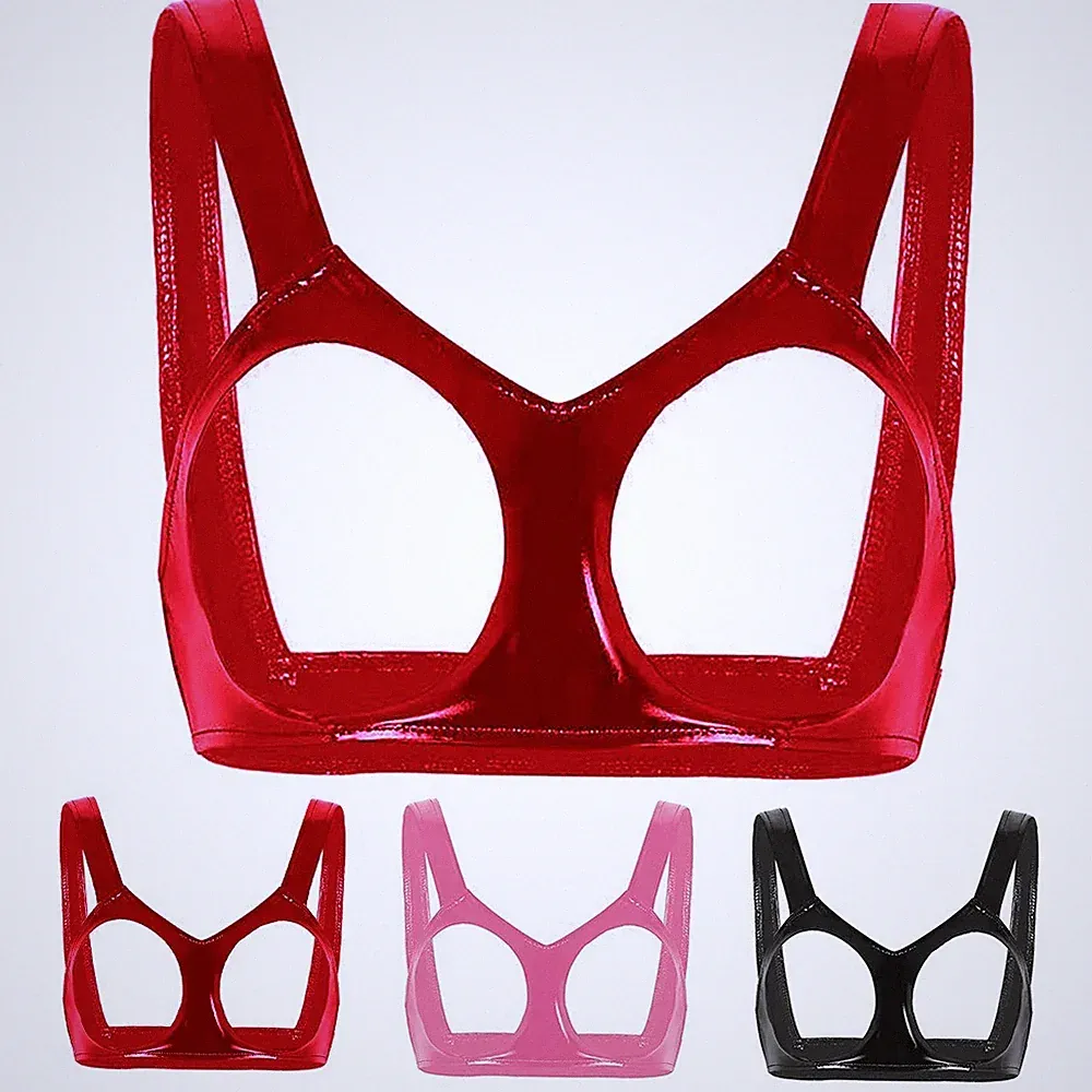 Wetlook PU Leder Bügel BH Crop Top Neckholder Offen Cup Sexy Clubwear