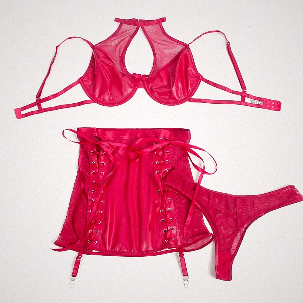 WOW BABE Burgunderrot Wetlook Netz durchsichtig 3-teilig BH Rock Tanga Set Größe 12